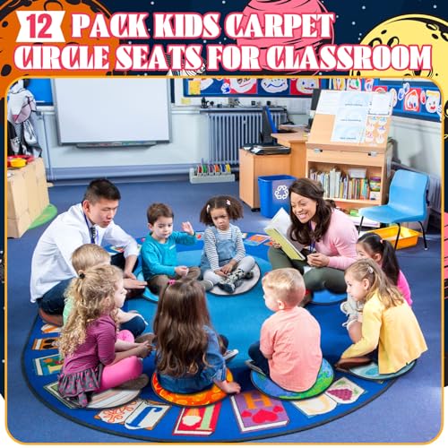 Tinideya 12 Pcs Kids Carpet Circle Seats for Class 16 Inch Round Classroom Rug Back to School Floor Cushions Soft Educational Mat Non Slip First Day of School Learning Playing Areas(Space Planet) - style: Space Planet
