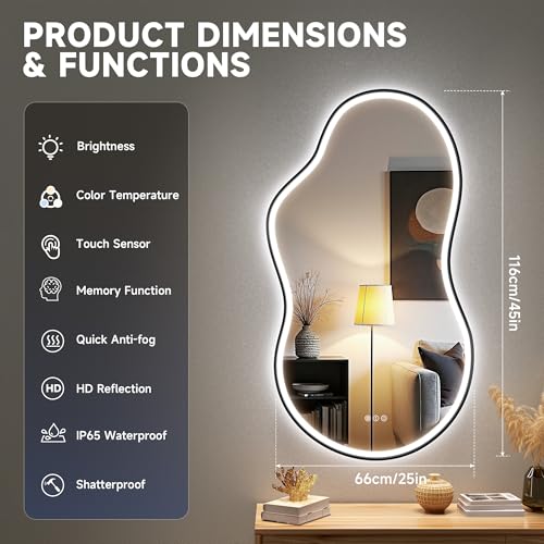 Hasipu Irregular Bathroom Mirror with Lights - 25"x45" LED Asymmetrical Wall Mirror, Abstract Modern Lighted Vanity Mirror for Wall, Anit-Fog, Dimmable, Memory, Vertical/Horizontal (Black - color: Black, size: 25"x45"