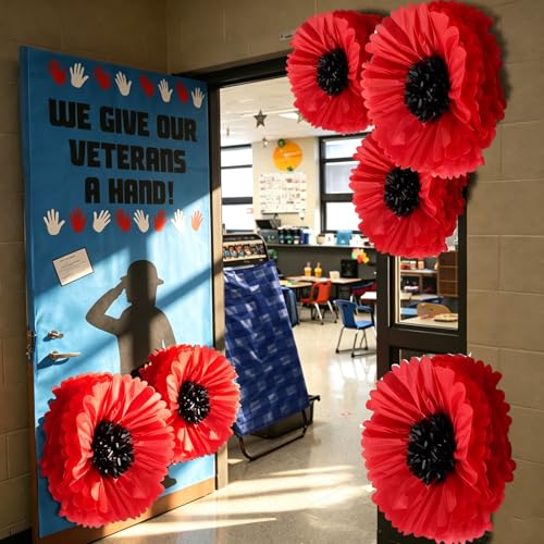 Giegxin 6 Pcs 31.5", 24" Giant Poppy Paper Flowers Wizard Party Decoration Large Red Poppies Veterans Patriotic Tissue Poppy Big Paper Flowers Decorations for Wall Memorial Day Halloween Birthday - color: Red,Black, size: 31.5", 24"