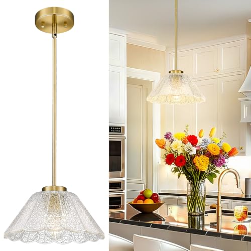 Modern Pendant Light Fixtures, HWH Pendant Lights for Island Dining Room Hallway, Bedroom, Gold Hanging Lighting with Clear Floral Glass, Brushed Gold Finish, 5HJX110MIL BG - color: Gold