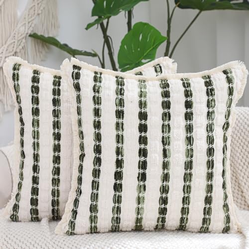 LUOYEHK Chenille Striped Throw Pillow Covers 18x18 Inch Set of 2 Boho Decorative Pillowcases with Fringe Farmhouse Neutral Green and Beige Cushion Covers for Couch Sofa Bed Living Room - color: Green and Beige, size: 18" x 18" (Pack of 2)