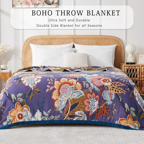 Boho Blanket Soft Muslin BohoThrow Blanket, 100% Cotton Floral Printed Farmhouse Decor All Season Reversible Rustic Throw for Sofa Couch Chair (Purple, 50"x60") - color: Purple, size: 50"x60"