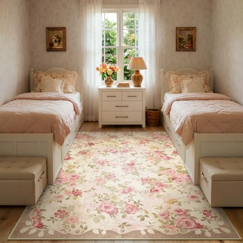 Lahome Floral Washable Rugs 5x7,Rugs for Living Room Pink Area Rug,Vintage Rugs for Bedroom Girls Non Slip Low Pile Ultra-Thin Large Carpet for Office Dining Room,Kids Playroom Nina (5'X7',Beige) - color: Beige, size: 5' X 7' (Rectangular)