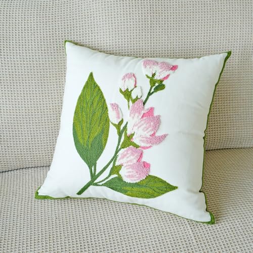 vctops Farmhouse Hibiscus Flowers Cotton Tufted Throw Pillow Cover Spring Floral Embroidery Pillowcase Soft Square Cushion Case for Sofa Couch Bed Chair (Pink F,18"x18") - color: Pink F