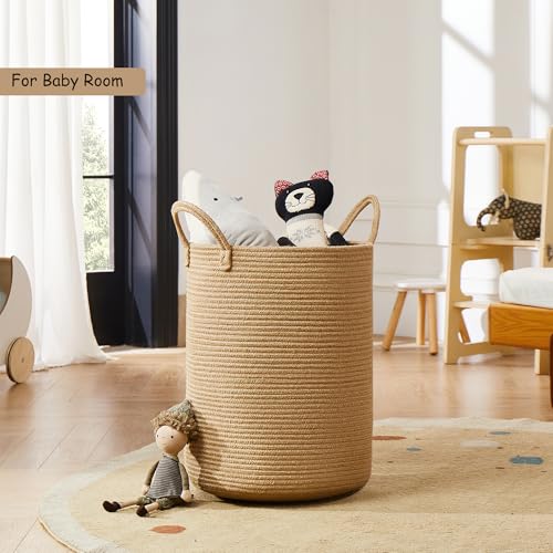60L Jute Woven Laundry Hamper Basket Wicker Rope Clothes Hamper Tall Rattan Blanket Basket in Living Room Bedroom 15Dx20H Inches Large - color: Jute, size: Large (60L)
