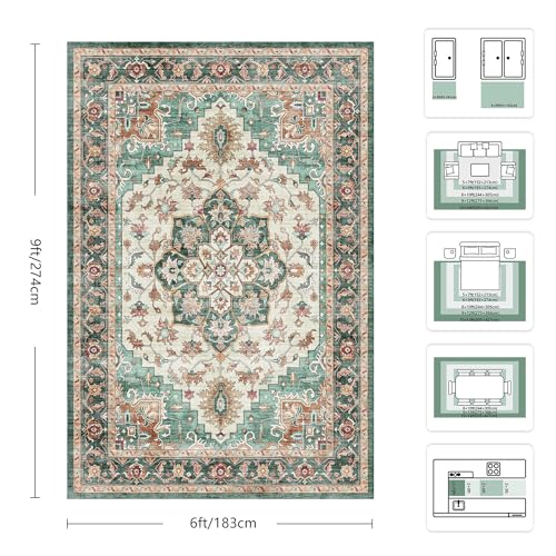 6x9 Area Rugs - Washable Rug Vintage Distress Boho Medallion Rugs for Living Room, Soft Non-Slip Backing Low Pile Carpet for Bedroom Dining Room Office Nursery Dorm Home, Green Brown - color: B-green Brown, size: 6' x 9' (Rectangular)