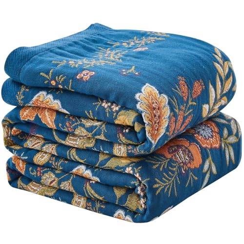 Boho Blanket Soft Muslin BohoThrow Blanket, 100% Cotton Floral Printed Farmhouse Decor All Season Reversible Rustic Throw for Sofa Couch Chair (Blue, 50"x60") - color: Blue, size: 50"x60"