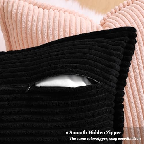 decorUhome Summer Corduroy Black Euro Sham Throw Pillow Covers 24x24 Set of 2 Decorative Soft Boho Farmhouse Couch Pillow Covers for Living Room Bed Sofa Broadside Striped Pillow Cases - color: Black, size: 24" x 24" (Pack of 2)