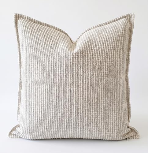 SanVia Cotton Throw Pillow Covers 20x20 – Handwoven Jacquard Texture, Fade-Resistant, No Pilling – Hidden Zipper, Decorative Cushion Cover for Sofa, Couch, Bed – Insert Not Included (Striped, Beige) - color: Oat Beige, size: 20" x 20"