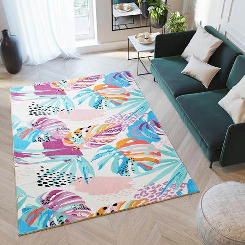 RoomTalks Tropical Leaves Washable Rug, Colorful Pink Blue Boho Cute Floral Aesthetic 3x5 Area Rugs for Bedroom Dorm Living Room Kitchen, Modern Abstract Art Palm Leaf Thin Indoor Entryway Carpet - color: Blue and Purple, size: 3 x 5 feet