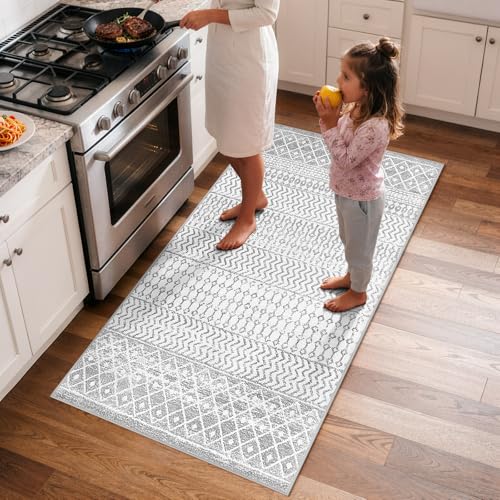 Moroccan Washable Area Rug, 2x4 Non-Slip Front Door Mat Indoor Entrance, Low-Pile Ivory Gray Distressed Rug Throw Rugs for Bedroom Kitchen Bathroom Laundry Room - color: Ivory / Gray, size: 2' x 4' (Rectangular)