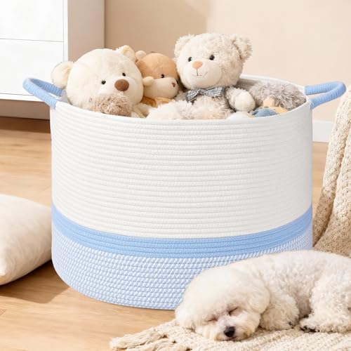 67L Large Blanket Basket, 20"x13" Blanket Basket Living Room, Woven Baskets With Handle, Toy Baskets for Blankets, Nursery, Dog, Pillow, Gift (White & Blue) - color: White & Blue, size: 67L