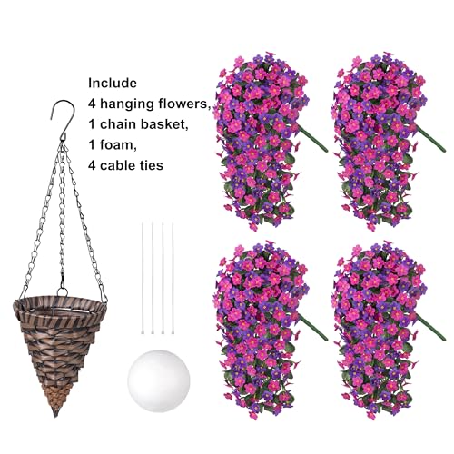 Artificial Flowers Baskets for Outdoor Decoration, Fake Hanging Plants Silk Dark Purple Fuchsia Daisy Mums Trailing Vines in Planter Realistic UV Resistant for Balcony Porch Decor - color: Fuchsia and Dark Purple