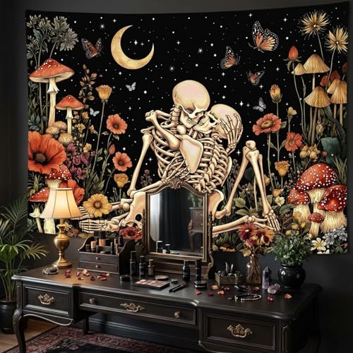 Lifeel Skeleton Lovers Tapestry, The Kissing Lovers Boho Aesthetic Skull Gothic Tapestry for Bedroom Living Room, 36x48 inches - color: Black1, size: 48"L x 36"W