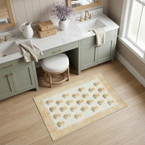 Beige Brown Washable Entry Rug 2x3 Small Rugs- Front Door Throw Rugs Indoor, Non-Slip Bathroom Mat, Vintage Floral Thin Rug Stain Resistance for Kitchen, Laundry, Boho Entryway Décor - color: Beige/Brown/Yellow, size: 2' x 3' (Rectangular)