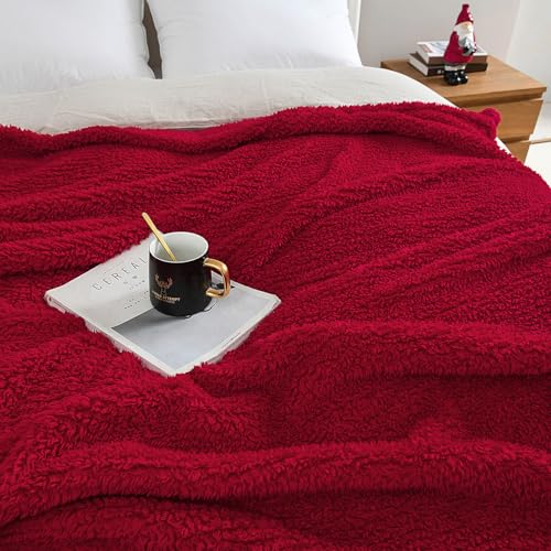 HORIMOTE HOME Ultra Soft Sherpa Throw Blanket with Pompom Fringe, Lightweight Plush Boho Throw Blanket for Couch, Sofa, Bedroom,Travel, Christmas Decor, Warm Blanket for Winter, 50"x60", Red - color: Red With Fringe, size: Throw-50'' x 60''