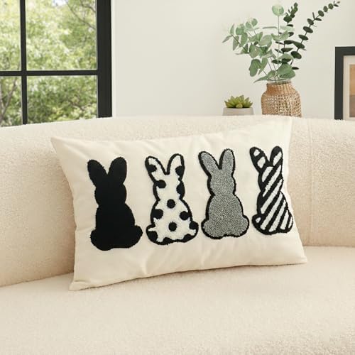 Jonhier Easter Bunny Lumbar Throw Pillow Cover, Black White Gray Neutral Rabbit Decorative Pillow Case for Bed Sofa Couch, Textured Modern Boho Cute Spring Cushion Cover for Home Decor, 12 x 20 inch - size: 20" x 12" (Pack of 1)