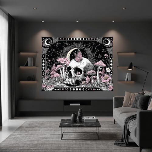 Accnicc Gothic Skull Tapestry Goth Skeleton Butterfly Mushroom Tapestries Wall Hanging Witchy Plant Floral Celestial Constellation Small Tapestry for Bedroom Living Room Dorm 48 x 36 inch - color: Pink White, size: 48"L x 36"W