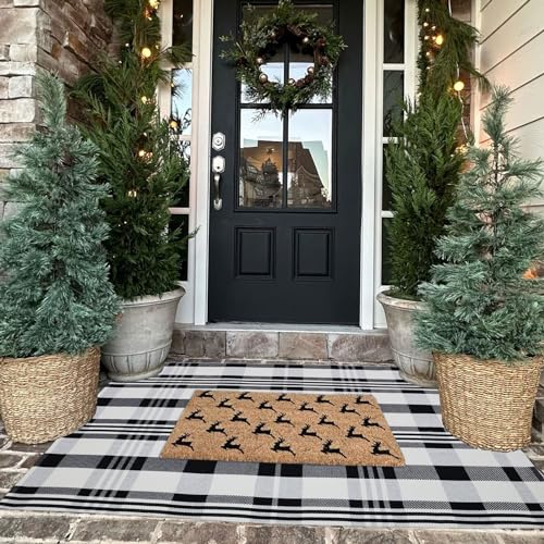 Fall Décor Plaid Rug, 3' x 5' Black&White Check Indoor/Outdoor Area Rug, Layering Rug for Hello/Welcome Door Mat, Machine Washable Cotton Woven Rugs for Farmhouse Front Porch, Entryway - color: Black & White Plaid X, size: 3' x 5' (Rectangular)