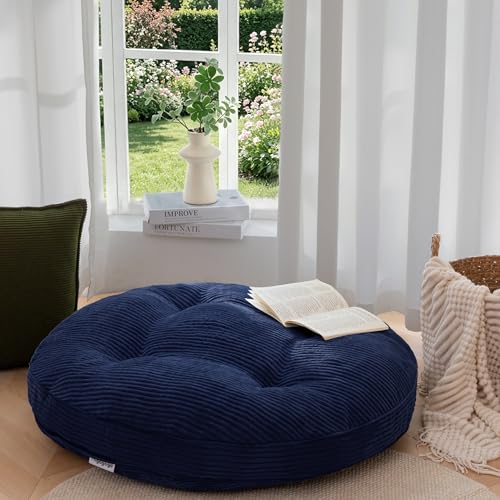 HIGOGOGO 35" Floor Pillow Cushion for Adults, Meditation Cushion Pillow, Extra Large Square Floor Sitting, Tufted Corduroy Cover for Tatami Living Room or Yoga, Navy - color: Navy, size: 4" Thick Round