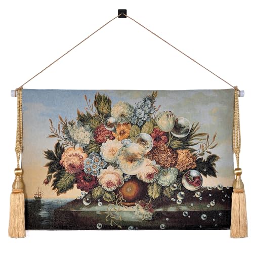 AureoMadis Vintage Floral Tapestry Wall Hanging Set with Telescopic Rod & Tassels - Jacquard Woven Fabric Aesthetic Flower Wall Tapestries for Bedroom/Living Room Decor Spring Botanical Art (27"x42") - color: Vividly - hued, bouquet by the seaside