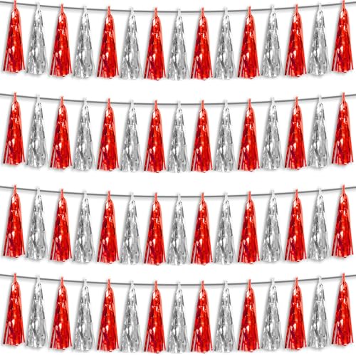 4P Red Silver Foil Fringe Metallic Tassel Streamers Banner Tassel Garland for Parade Floats, Graduation, Wedding, Birthday, Halloween, Christmas, Bridal/Baby Shower Party Decorations - color: Red Silver