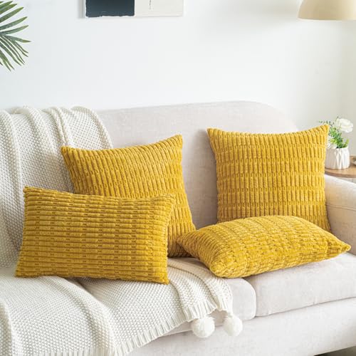 Mustard Yellow Corduroy Decorative Throw Pillow Covers 16x16 Inch Set of 2 Soft Striped Boho Couch Pillow Covers Spring Modern Farmhouse Home Decor for Sofa Neutral Living Room Bed - color: Mustard Yellow, size: 16" x 16" (Pack of 2)