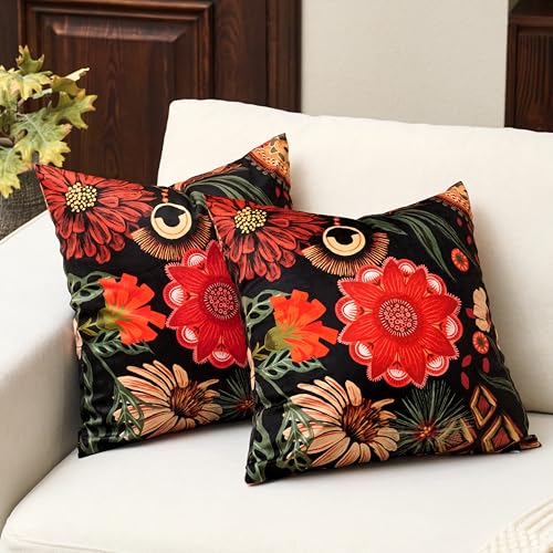 Tyrot Black Red Boho Floral Velvet Throw Pillow Covers 20x20 Inch Set of 2 Vintage Farmhouse Cushion Covers Mid Century Botanical Home Decor Pillow Cases for Couch Bed Sofa Living Room, Bedroom - color: Crimson Shadow, size: 20" x 20" (Pack of 2)