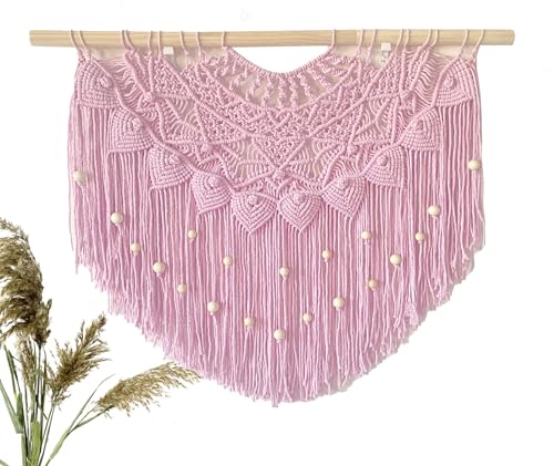Youngeast Large Macrame Wall Hanging Boho Beaded Curtain for Window Macrame Bedroom Headboard Living Room Wall Art Tassel Tapestry Bohemian Woven Wall Decor 31" W X 25" H (Pink) - color: Pink