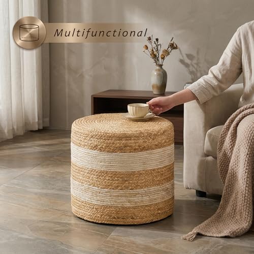Handmade Water Hyacinth Ottoman - 17.7" Round Woven Foot Stool with High-Density Padding - Decorative Straw Pouf for Living Room & Bedroom, Boho Floor Seating & Small Tea Table, White