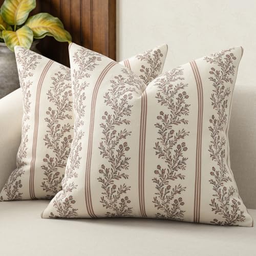 Vintage Throw Pillow Covers 16x16 Set of 2, Striped Floral Pillow Cover Botanical Patterned Decorative Cushion Covers Modern Farmhouse Home Decor for Sofa Couch Bed Living Room, Almond - color: Almond, size: 16" x 16" (Pack of 2)