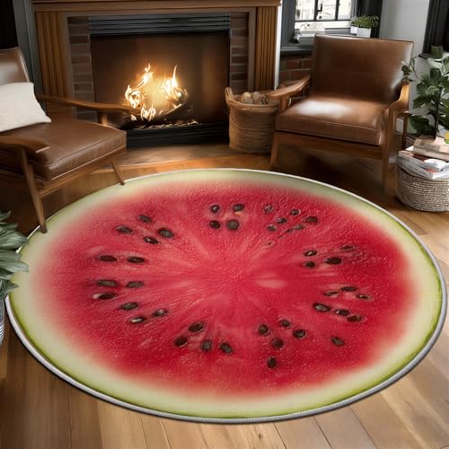 Cute Circle Rug, Watermelon Fruit Pattern Red Green Bright Summer Decor for Playroom, Washable Round Carpet, Soft Nursery Non-Slip Round Floor Mat for Kids Toddler Room Large Play Area Indoor 2 ft - color: A, size: 2' (Round)