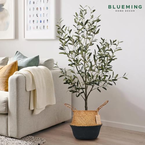 Blueming Home Wicker Plant Basket – Medium Seagrass Planter Pot for Faux Olive Trees or Houseplants, Decorative Woven Black Bottom Wicker Planter for Living Room, Shelf, or Entryway - color: Black Brown, size: Medium