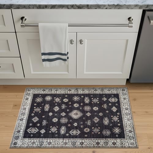 Bloom Rugs Washable Non-Slip 2' x 3' Rug - Black/Ivory Traditional Oriental Area Rug for Living Room, Bedroom, Dining Room, and Kitchen - Exact Size: 2' x 3' - color: Black / Ivory, size: 2' x 3' (Rectangular)