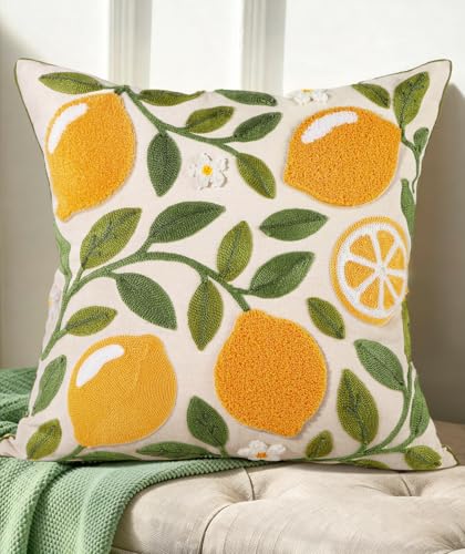 Embroidered Throw Pillow Cover - 18x18 Decorative Pillow Cover with Zipper Aesthetic Cute Design Boho Spring Summer Throw Pillowcase for Living Room Couch Sofa Bed, Branch Lemon - color: Branch-lemon, size: 18" x 18" (Pack of 1)