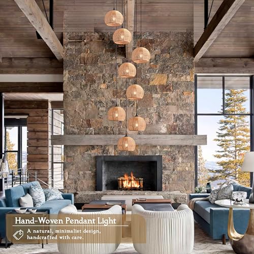 8-Light Woven Foyer Chandeliers for High Ceiling H100",8 Dome Boho Rattan Pendant Lights Farmhouse Ceiling Light,rustic Hemp rope Light Fixture For Living Room Hallway Staircase Entryway (Bulb Incl. - color: 16" Natural 8-Light