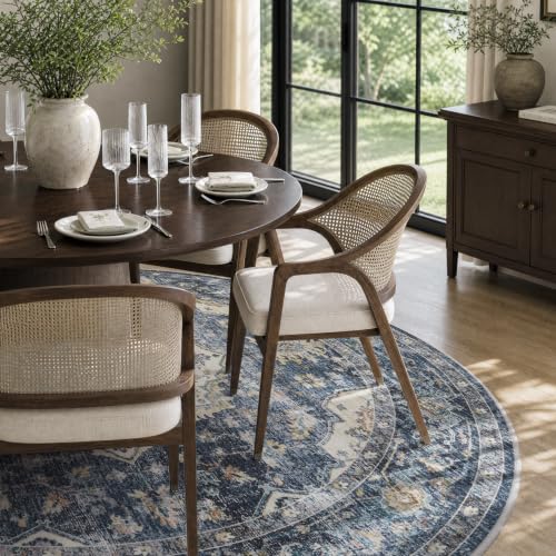 AMOAMI-6FT Round Rug-Rugs for Living Room-Vintage Soft Blue Rugs for Bedroom-Non Slip Circle Rug-Machine Washable Rug for Dining Room Living Room Bedroom Office Under Table - color: Blue, size: 6' (Round)