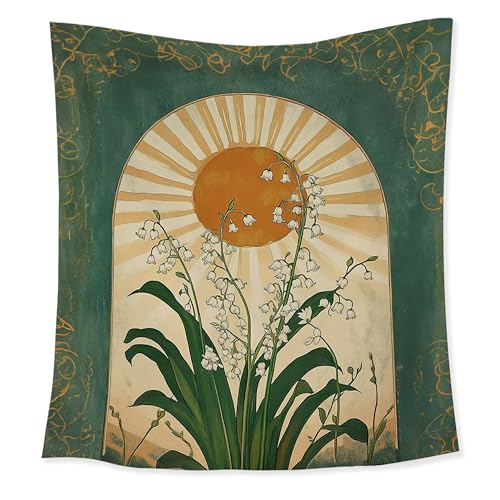 HUGANE Emerald Green Lily of the Valley Boho Sun Tapestry, Mystical Folk Botanical Wall Tapestries, Vintage Boho Sunshine Flower Hanging Wall Decor for Bedroom Living Room Home Office