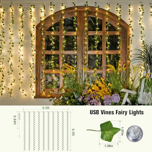 JMEXSUSS Vine Lights for Bedroom, 200 LED Vines Fairy Lights, Artificial Ivy Leaf Light for Wall Curtain Wedding Party Christmas Indoor Decor, 6.5ft x 6.5ft with Remote - color: Ivy, size: 6.5x6.5ft - 200 LED