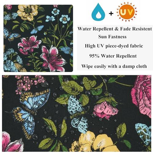 FUNHOME 15"x15"x4" Bistro Chair Cushion Set of 2, Water Repellent Round Outdoor Chair Cushions with Ties, Patio Tufted Chair Pads for Home Garden (Black Flower Butterfly) - color: Black Flower Butterfly