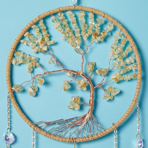 Agate Citrine Gemstone Dream Catcher 7 Chakras Gold Tree of Life Dream Catcher with Healing Crystal Stones Handmade Dreamcatcher Wall Decor for Adults Boys Girls,Bedroom,Wedding,Garden,Bless Gift - color: Citrine 7 Chakra Tree(5 Agates)