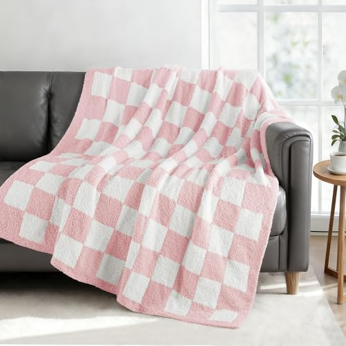 Exclusivo Mezcla Checkered Knit Throw Blanket, Ultra Soft and Warm Reversible Woven Blankets, Cozy Snuggly Throw for Couch Bed and Home Decor, Pink, 50"x60" - color: Pink, size: Throw (50"x60")