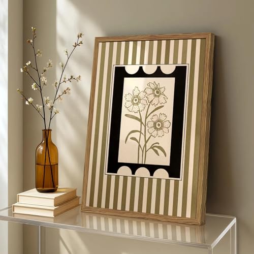 Modern Boho Flower Wall Art Abstract Plant Floral Wall Decor Painting, Vintage Botanical Striped Poster Canvas Print Picture for Living Room Bedroom 12x16 inch Wood Framed - color: Floral E, size: 16"L x 12"W