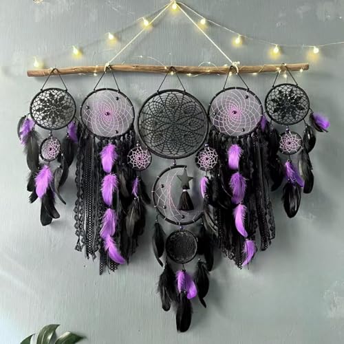 Set of 5 Boho, Hanging Large Boho Dream Catcher Wall Hanging Moon Dream Catcher Set Dream Catchers Wall Decor for Vintage Wedding Home Decorations (Black Purple) - color: Black Purple