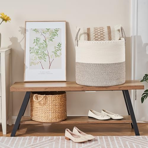 KAKAMAY Large Blanket Basket (18"x18"x16"),Woven Baby Laundry Hamper for Storage, Cotton Rope Blankets Baskets for Nursery, Laundry, Living Room, Pillows, Baby Toy chest with Handles (White/Beige) - color: Beige