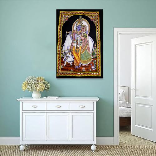 Rastogi Handicrafts Cotton Cloth Fabric Poster 40" X 30" Poster Size Wall Hanging For Home Room Decoration Decor (RK-COW-BLACK-G) - color: RK-COW-BLACK-G