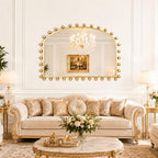 36"x28" Wide Arched Wall Mirror, Antique Gold Ball Frame with Beveled Glass, Large Horizontal Mantel Piece Over Fireplace or Above Sofa, Statement Metal Frame for Living Room - size: 28"L x 36"W