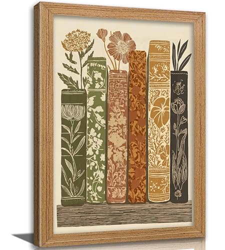 Framed Vintage Book Flower Wall Art, Botanical Floral Canvas Print Poster, Rustic Library Wall Decor for Living Room Bedroom, Boho Reading Nook Decoration, - color: Books and flowers, size: 24"L x 16"W