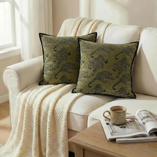 Mantle & Mason Leopard Throw Pillow Covers 18x18 Set of 2 Cheetah Decorative Pillow Covers for Couch Bed Living Room Mid Century Modern Soft Cushion Covers Dark Green - color: Leopard Green, size: 18" x 18" (Pack of 2)