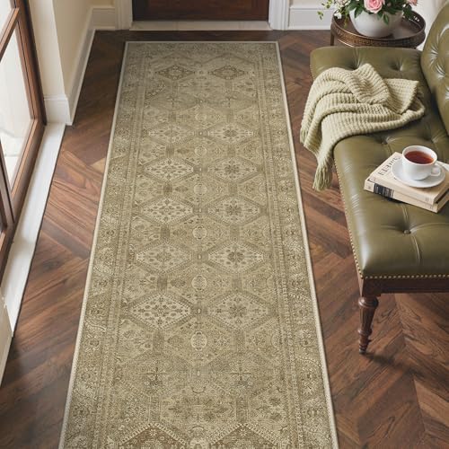 Bavni 2x5 Runner Rugs for Hallways Kitchen, Washable Rug Vintage Print Carpet, Low Pile Lightweight Mat with Non Slip Backing, Light Brown - color: Area Brown, size: 2' x 5' (Rectangular)